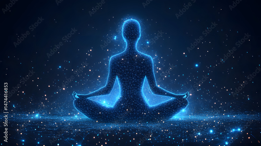 Aufkleber Futuristic digital figure meditating in a cross-legged pose. Glowing blue network creates a spiritual, ethereal feel. Serene wireframe conveys technology and peace. Abstract wireframe in dark blue