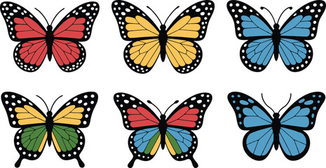 Colorful butterfly vector illustrations featuring different wing colors and elegant black outlines