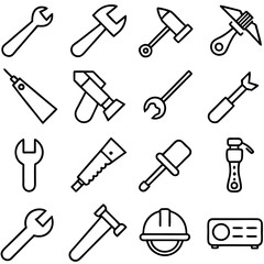Outlined tools icons grid showcasing repair construction equipment