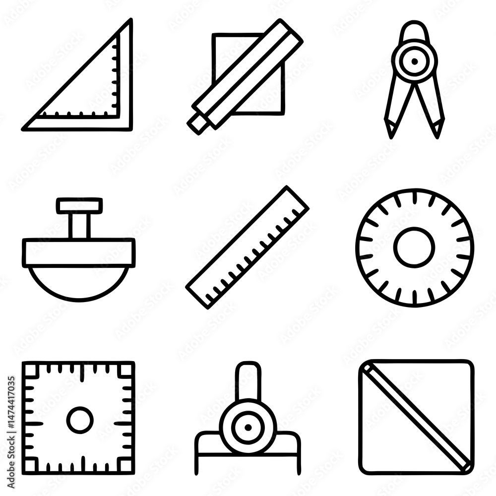 Poster linear drawing tool set icons for technical drafting