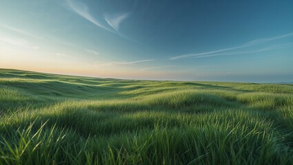 Golden wheat sways in the summer sun, a beautiful green landscape under a vast blue sky