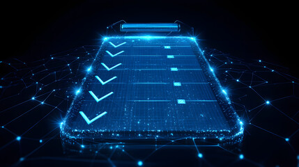 Luminous blue checklist with a metallic clip on dark background. High-tech, virtual representation with interconnected lines. Data flow, connectivity. Abstract wireframe in dark blue.