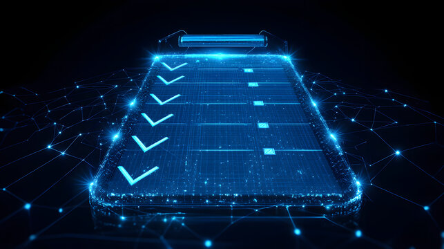 Luminous blue checklist with a metallic clip on dark background. High-tech, virtual representation with interconnected lines. Data flow, connectivity. Abstract wireframe in dark blue.