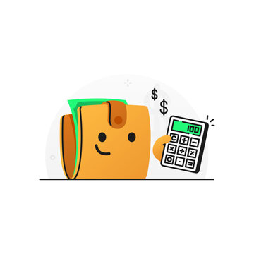Flat illustration of happy wallet calculating finances
