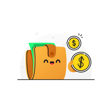 Cartoon Wallet with Money and Coins Illustration