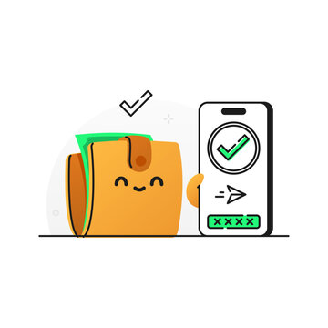 Cartoon Wallet with Mobile Payment Confirmation