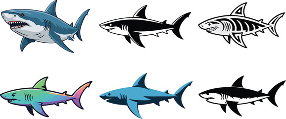 Diverse collection of cartoon shark illustrations in various colors and design styles