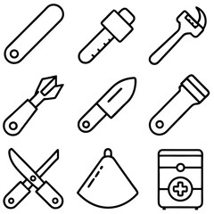 Outline style illustration of various tools on white backdrop