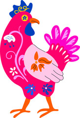 A Colorful Mexican Alebrije Rooster, Crafted as a Fantastic and Whimsical Animal in Traditional Folk Art Style