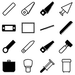 Black and white tool icons set on white backdrop