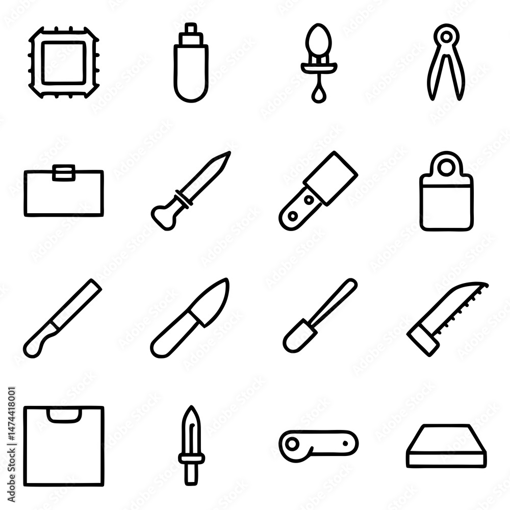 Poster outline icon set representing various objects and tools