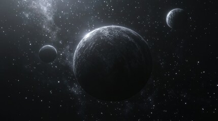 Obraz premium Cosmic scene of a grey planet with orbiting moons