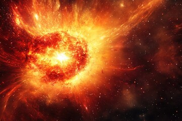 Fototapeta premium Cosmic Explosion. A vibrant, fiery celestial explosion, radiating intense heat and light across the vastness of space