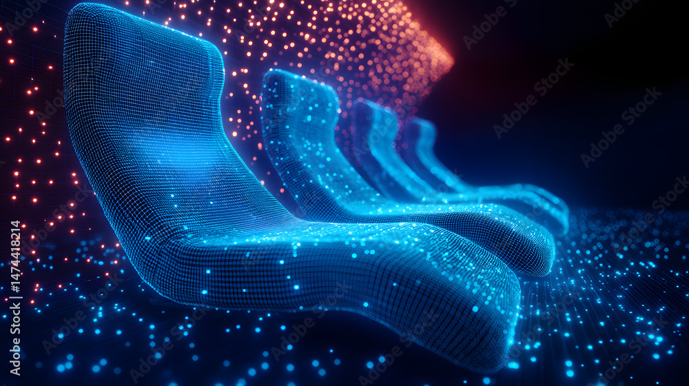 Aufkleber futuristic seating arrangement featuring glowing blue, wireframe chairs suspended above a grid surfa