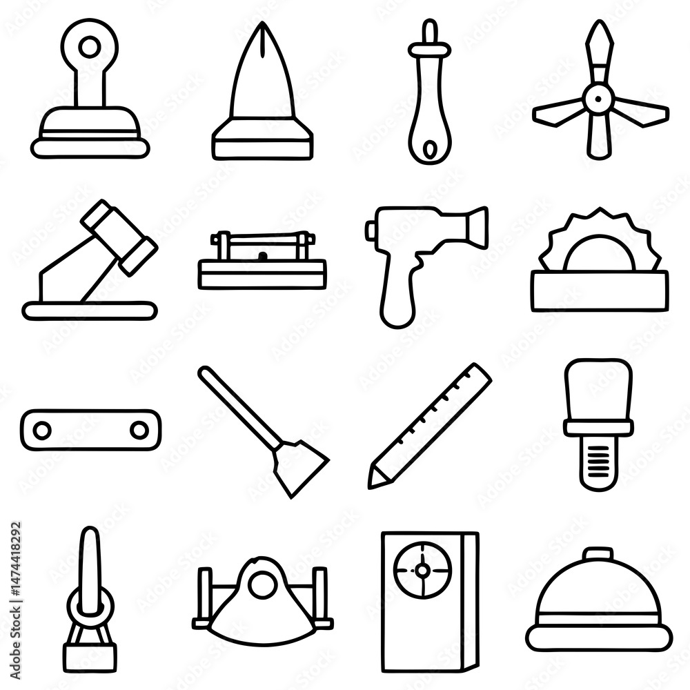 Poster monochrome tools and objects collection on white background art