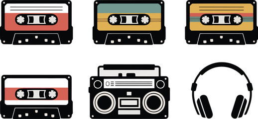 Retro audio devices illustration featuring cassette tapes a boombox and headphones in a flat design