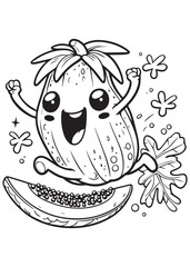 Coloring book papaya leaping over a slice with excitement
