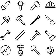 Monochrome icon set featuring various tools and equipment