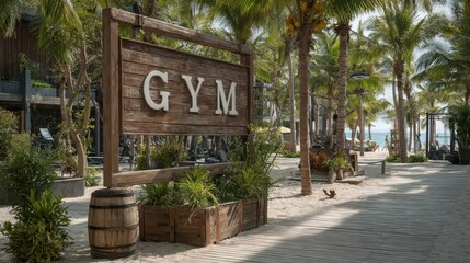 Bright and inviting, the beachside gym features palm trees and sandy paths. Fitness lovers engage in workouts while enjoying stunning ocean views