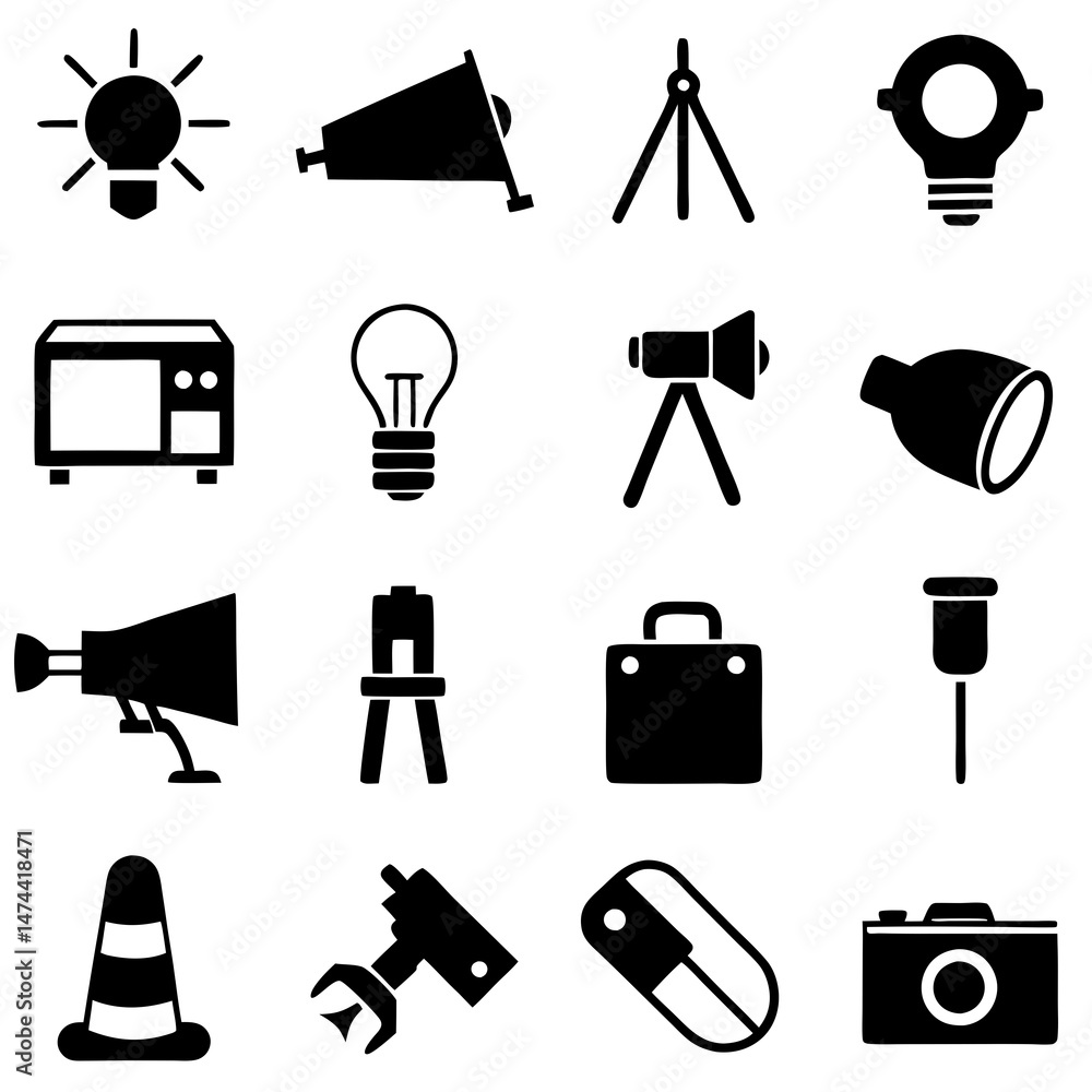 Poster black and white stock icons of tools and objects