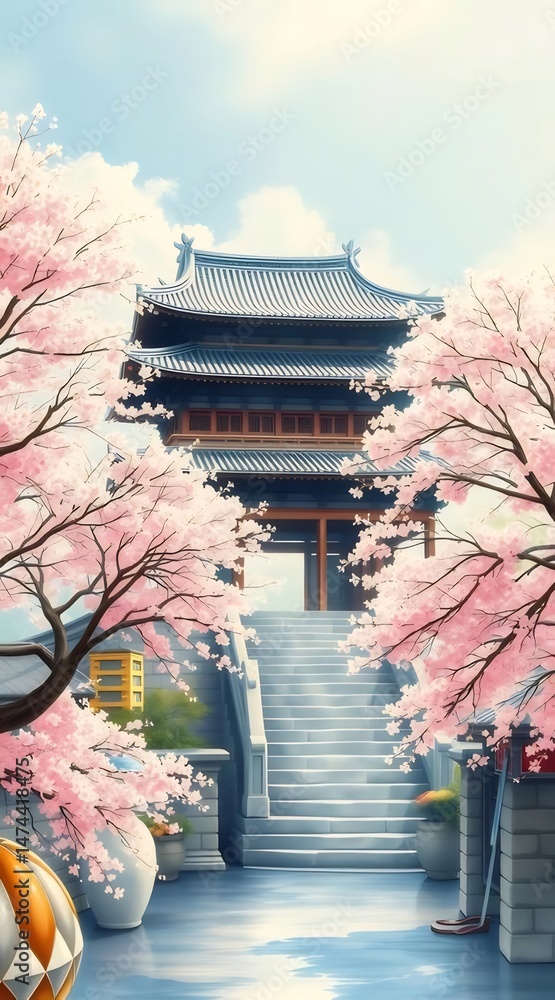 Poster 日本の伝統的な建築物と満開の桜の美しい風景 春の優しい光が石造りの階段を照らす 穏やかなアジアの庭園のイラスト