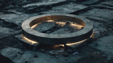 An oversized metal ring sits prominently on broken, cracked earth, glowing softly in an industrial setting at dusk. The stark contrast highlights the surrounding decay and desolation