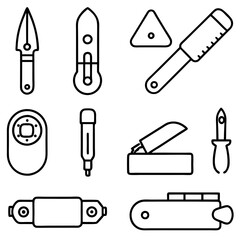 Assortment of tools and equipment outlined against white backdrop