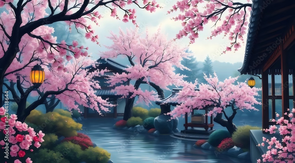 Poster 春の日本の庭 ピンク色の桜の木 伝統的な建物 灯篭 水面に映る風景 静寂と美しさが漂う背景