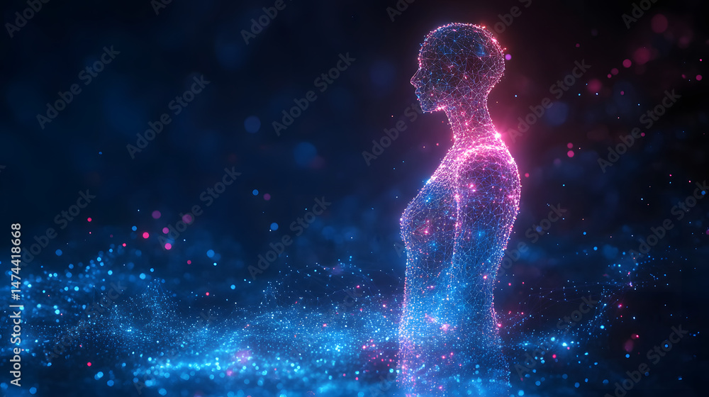 Poster Futuristic digital human rendering. Glowing particles form a wireframe body against a dark background. Pink and blue hues create a tech-driven, abstract visual. Abstract wireframe in dark blue