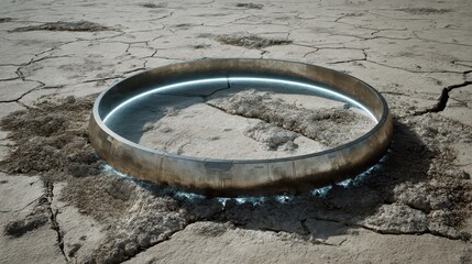 A large metallic ring stands prominently on dry, cracked ground indicating severe drought conditions. The contrast of the shiny surface against the desolate terrain creates a striking visual