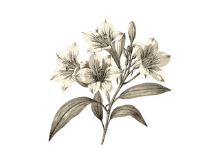Hand-drawn Alstroemeria engraving, vintage botanical illustration, antique floral sketch, trendy nature decor, black flower print, alstroemeria bloom art