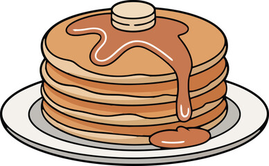 Stack of delicious pancakes with syrup and butter served on a white plate illustration