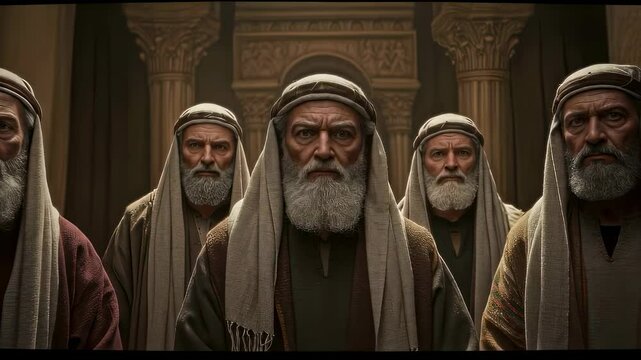 Council of Jewish elders in the temple. Pharisees, Sadducees, lawyers. Ancient times scene for biblical and historical publications