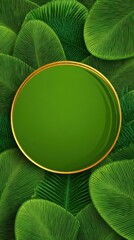 Palm leaves form a lush circular frame that highlights a vibrant green center, ideal for adding text or graphics, evoking a fresh tropical ambiance