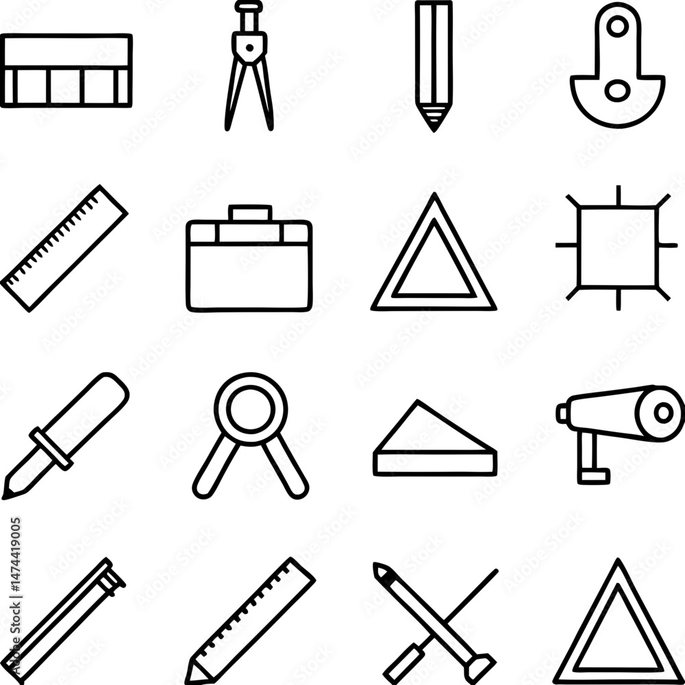 Poster outlined drafting tools creating a precise design icon set