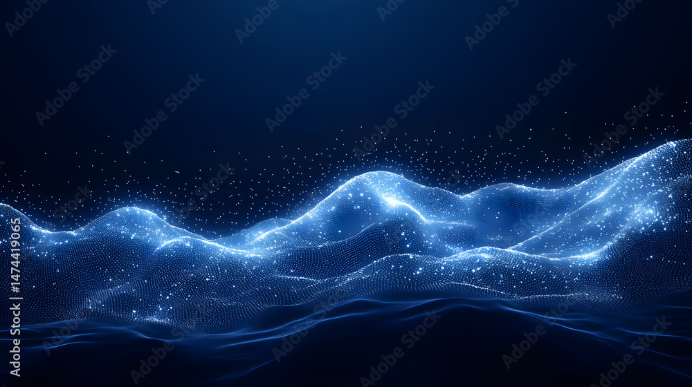 Aufkleber digital abstract landscape featuring luminous blue dots forming a wavy wireframe mountain range agai