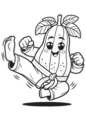 Coloring book papaya practicing a high kick with a martial arts belt.