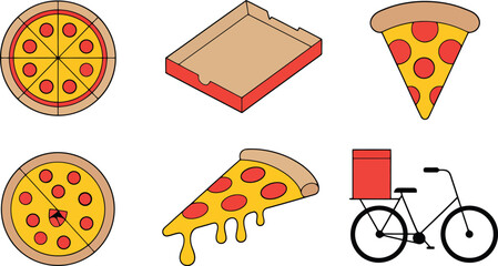 Vector illustration of delicious pizza elements including slices and delivery bicycle