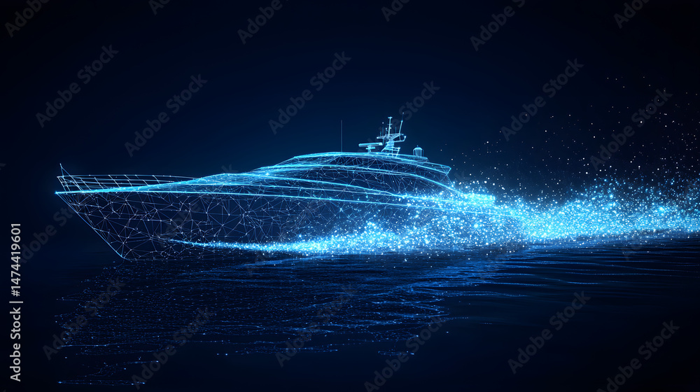 Aufkleber futuristic yacht concept visualized in a glowing blue wireframe. abstract wireframe in dark blue. a 