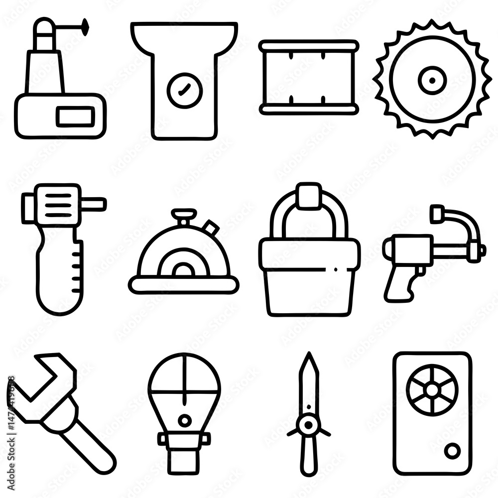 Poster outline drawing of various workshop and mechanical tools