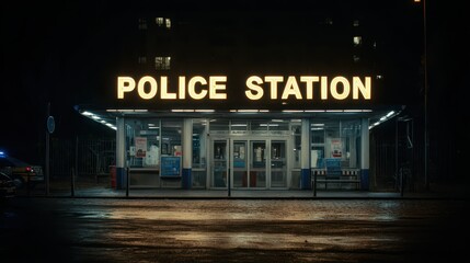 Fototapeta premium The police station stands illuminated at night, displaying a bold glowing sign. Its bright lights highlight the building's structure and surroundings, conveying safety and protection