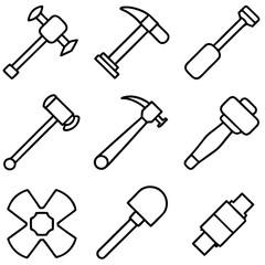 Hand tools outlined in black over solid white background