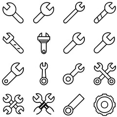 Collection of various wrench line art icons on white