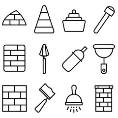 Fototapeta premium Set of construction tools and masonry in outline style