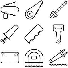 Outlined Construction and Woodworking Tools Collection on White Background