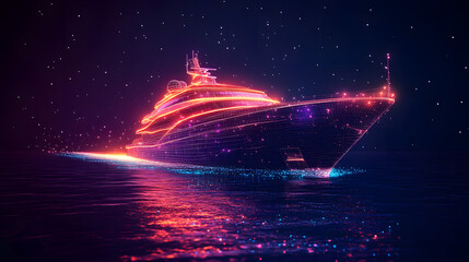Neon yacht glows on water under a starry night. Red and purple wireframe design reflecting. Abstract wireframe in dark blue showcases modern luxury. Perfect for futuristic concepts.