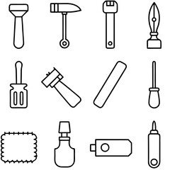 Outlined leather crafting tools collection, minimalist style isolated vector