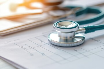 Medical stethoscope resting on medical records with charts