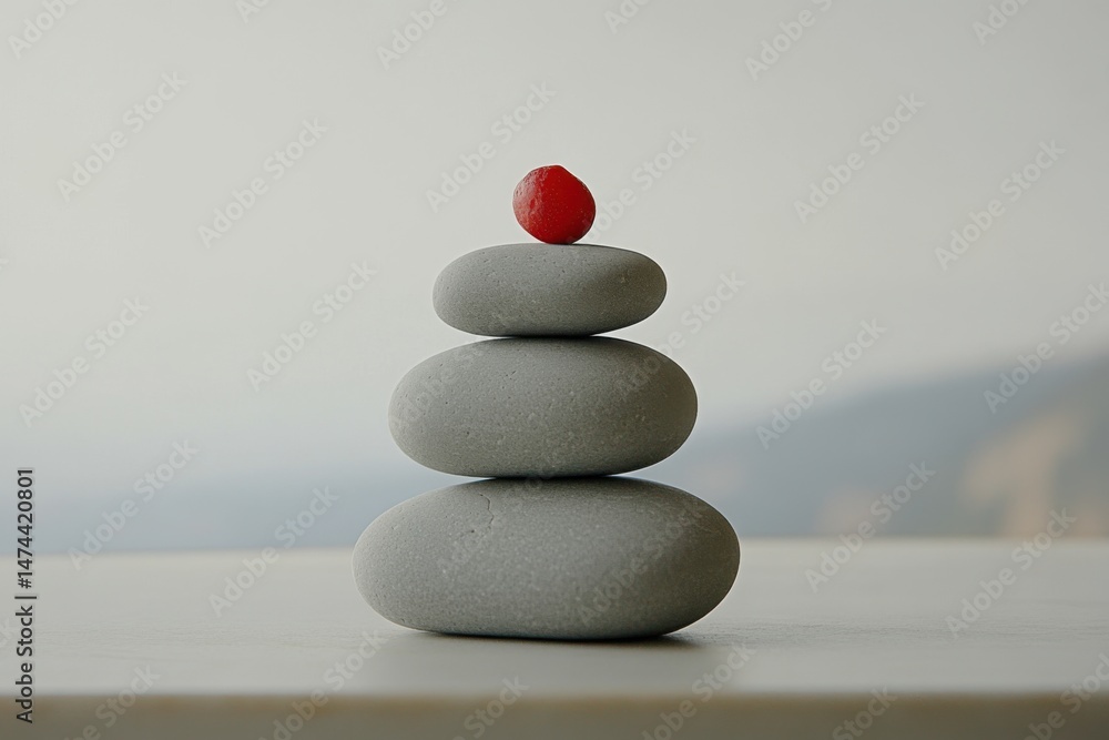 Poster zen stacked stones with red pebble on top balanced on table top in studio shot for meditation and re