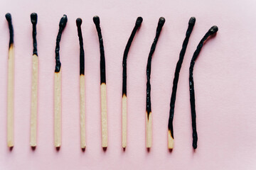 Conceptual image series using matches — new, burned, and burning — to represent stages of...